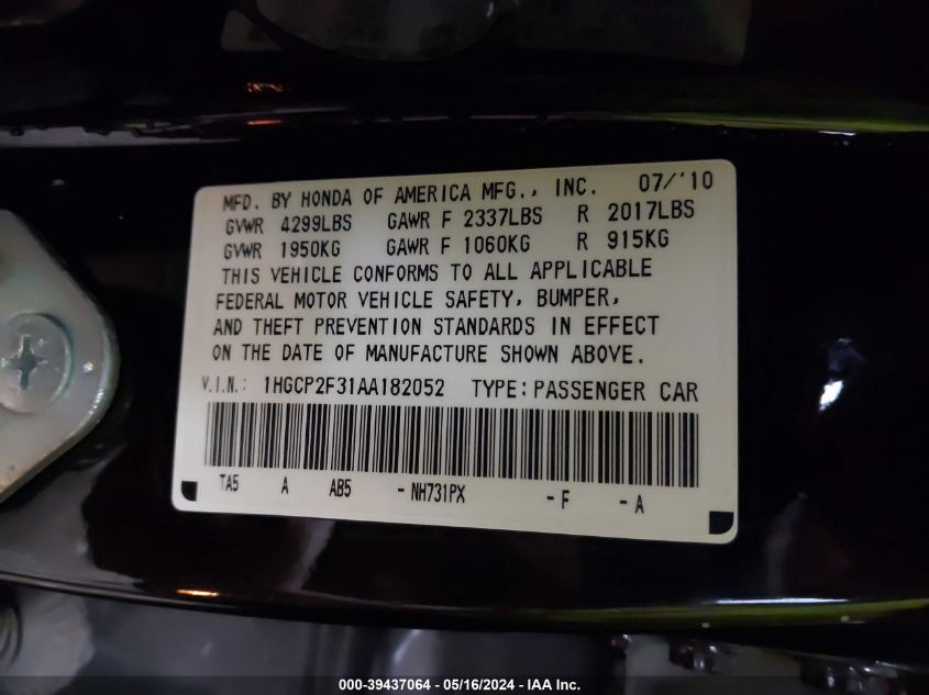 2010 Honda Accord 2.4 Lx VIN: 1HGCP2F31AA182052 Lot: 39437064