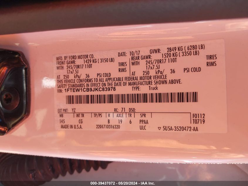 2018 Ford F-150 Xl VIN: 1FTEW1CB9JKC83978 Lot: 39437072