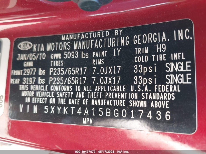 2011 Kia Sorento Lx VIN: 5XYKT4A15BG017436 Lot: 39437073