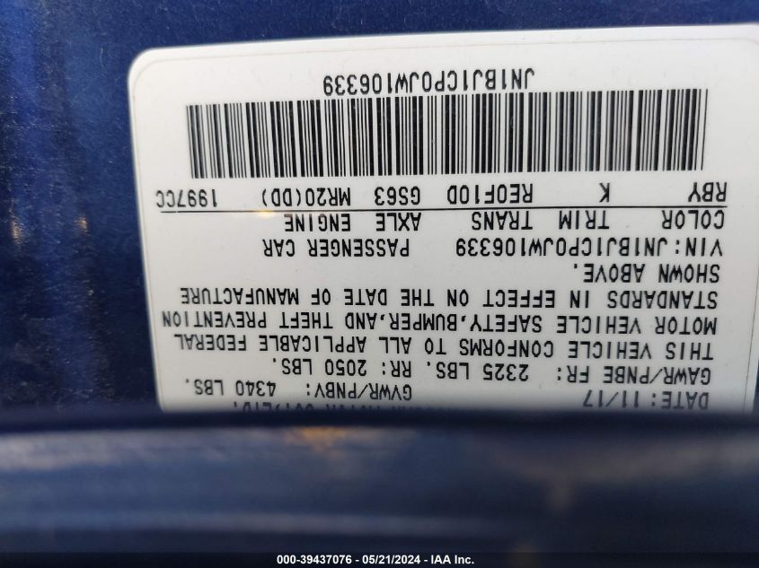 2018 Nissan Rogue Sport Sl VIN: JN1BJ1CP0JW106339 Lot: 39437076