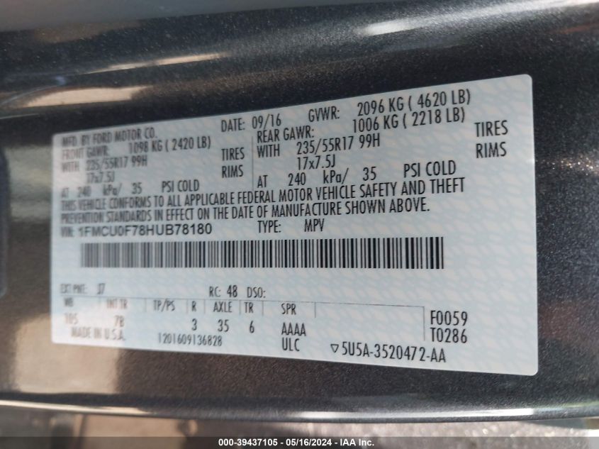 2017 Ford Escape S VIN: 1FMCU0F78HUB78180 Lot: 39437105