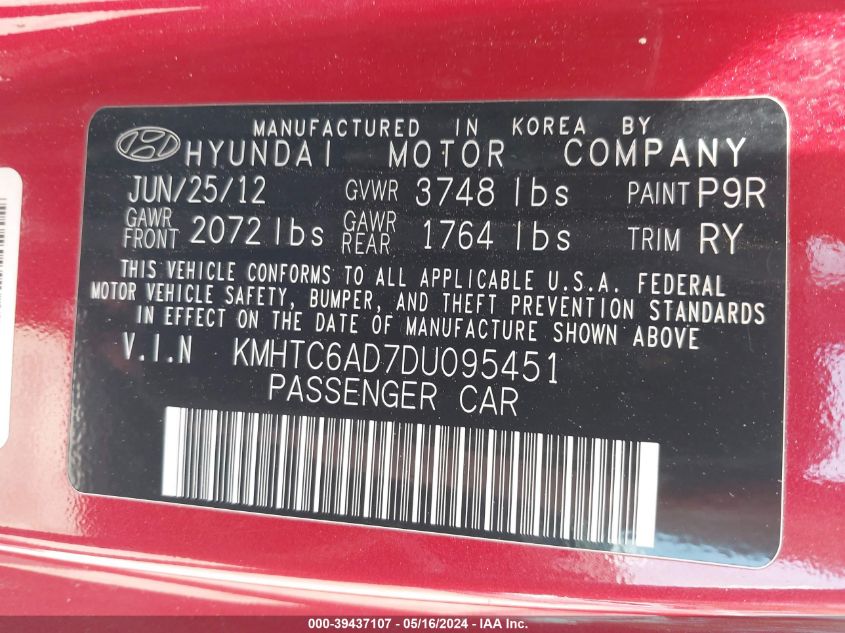 2013 Hyundai Veloster Base W/Black VIN: KMHTC6AD7DU095451 Lot: 39437107