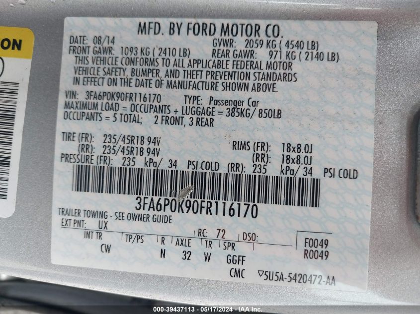 2015 Ford Fusion Titanium VIN: 3FA6P0K90FR116170 Lot: 39437113