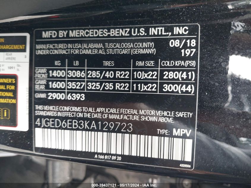 2019 Mercedes-Benz Gle Coupe 43 Amg VIN: 4JGED6EB3KA129723 Lot: 39437121