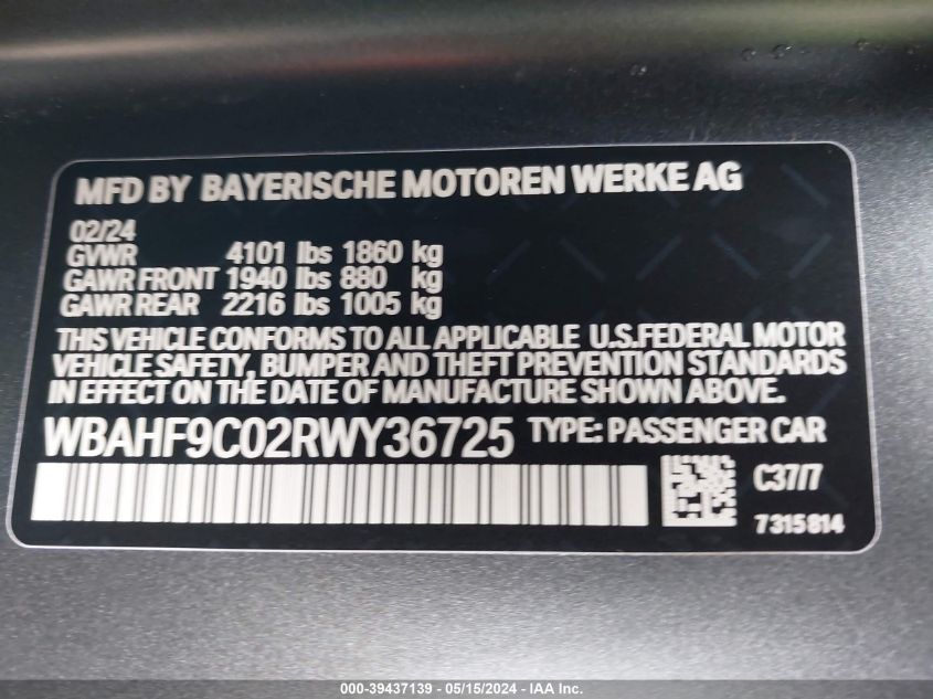 2024 BMW Z4 M40I VIN: WBAHF9C02RWY36725 Lot: 39437139