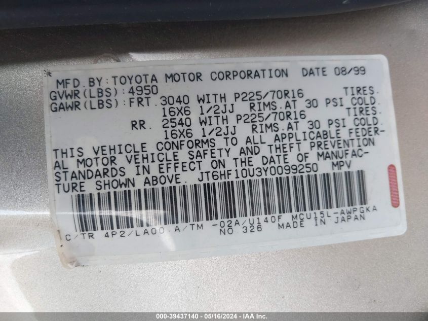 2000 Lexus Rx 300 VIN: JT6HF10U3Y0099250 Lot: 39437140