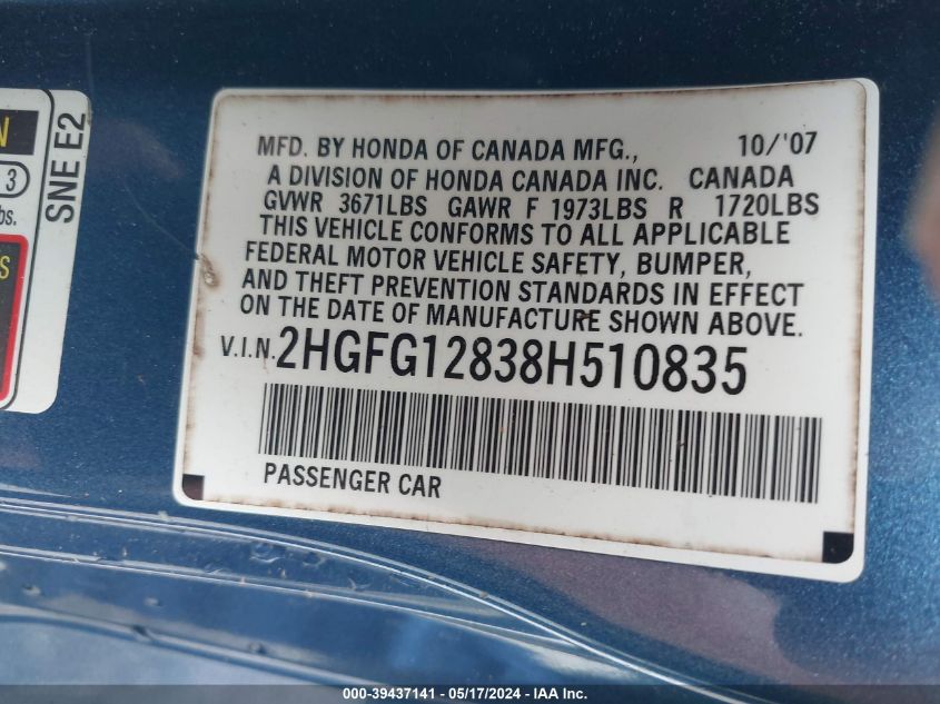 2008 Honda Civic Ex VIN: 2HGFG12838H510835 Lot: 39437141
