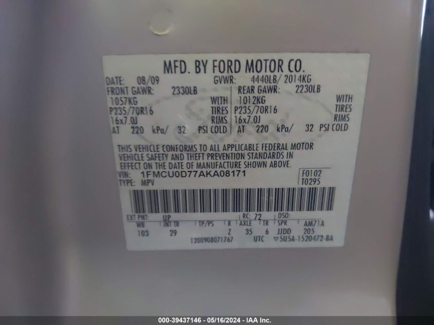 1FMCU0D77AKA08171 2010 Ford Escape Xlt