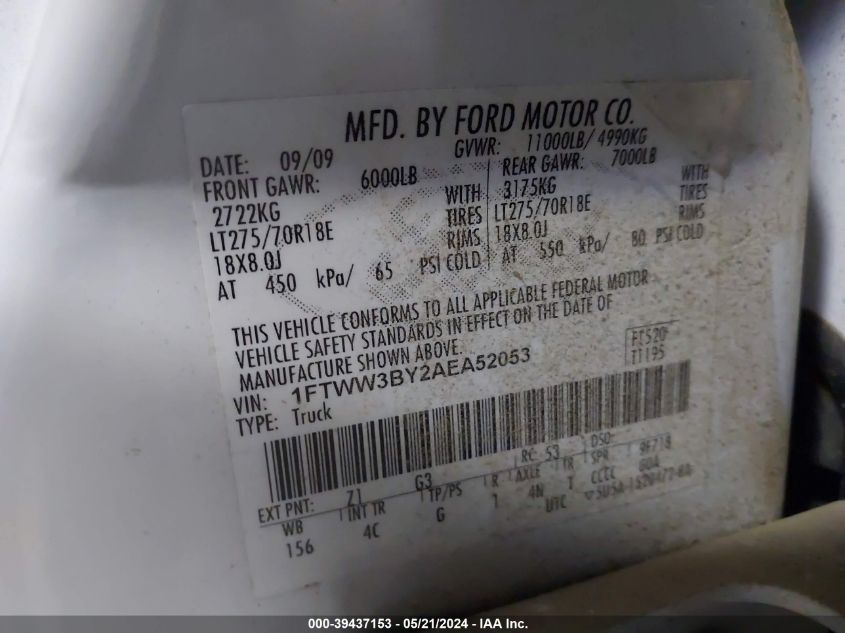 2010 Ford F-350 Cabela's/Harley-Davidson/King Ranch/Lariat/Xl/Xlt VIN: 1FTWW3BY2AEA52053 Lot: 39437153