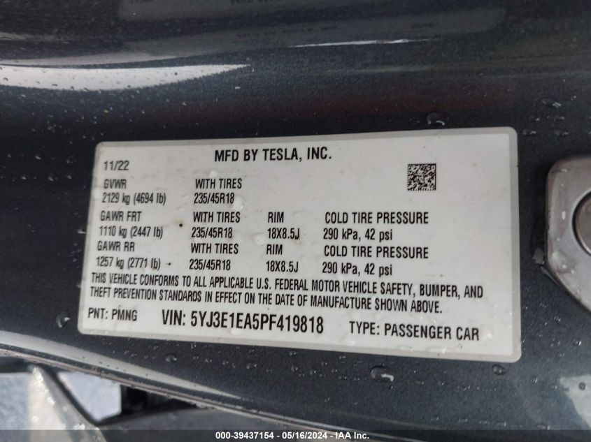 2023 Tesla Model 3 Rear-Wheel Drive VIN: 5YJ3E1EA5PF419818 Lot: 39437154