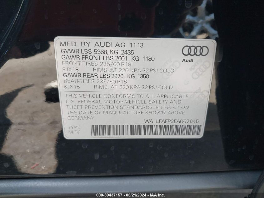 2014 Audi Q5 2.0T Premium VIN: WA1LFAFP3EA067645 Lot: 39437157