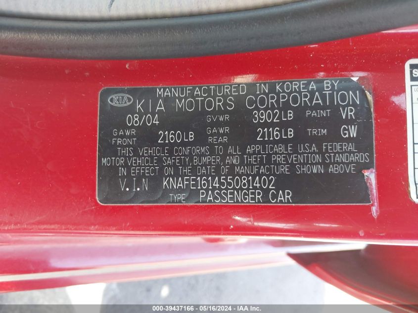 2005 Kia Spectra5 VIN: KNAFE161455081402 Lot: 39437166