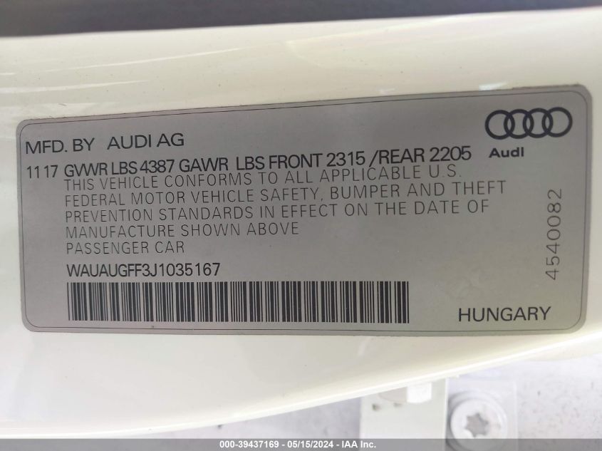 2018 Audi A3 2.0T Premium/2.0T Tech Premium VIN: WAUAUGFF3J1035167 Lot: 39437169