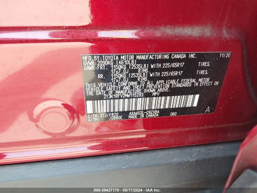 2021 Toyota Rav4 Le VIN: 2T3K1RFV2MW115293 Lot: 39437170