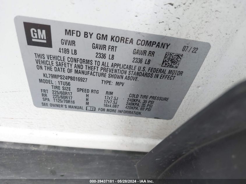 2023 Chevrolet Trailblazer Fwd Lt VIN: KL79MPS24PB016927 Lot: 39437181