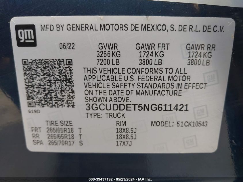 2022 Chevrolet Silverado 1500 4Wd Standard Bed Lt VIN: 3GCUDDET5NG611421 Lot: 39437192