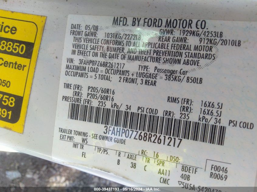 2008 Ford Fusion Se VIN: 3FAHP07Z68R261217 Lot: 39437193