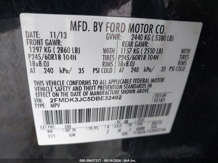 2013 Ford Edge Sel VIN: 2FMDK3JC5DBE32492 Lot: 39437217