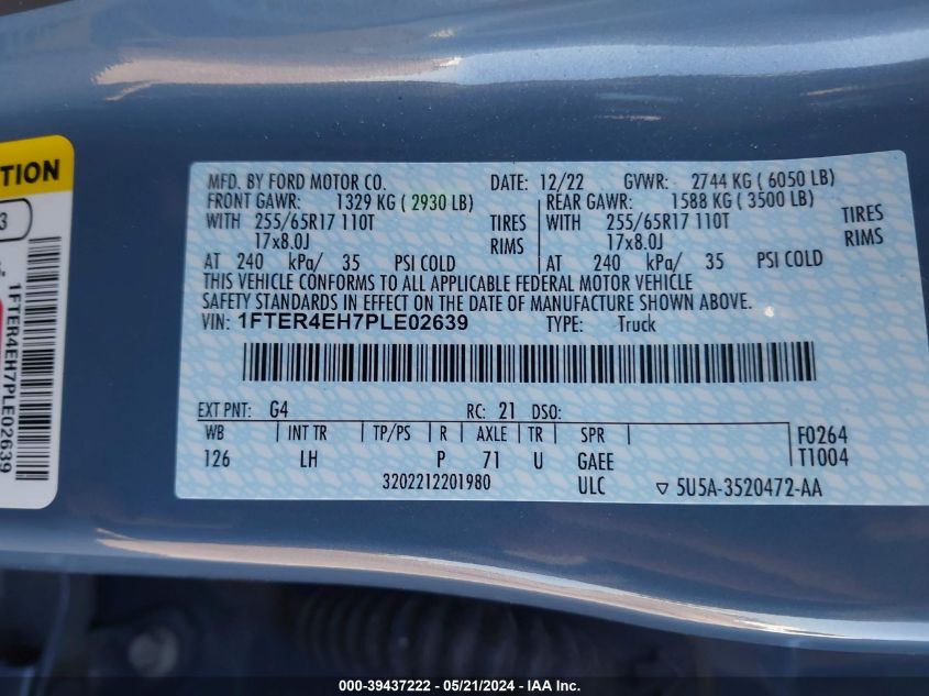 2023 Ford Ranger Xlt VIN: 1FTER4EH7PLE02639 Lot: 39437222