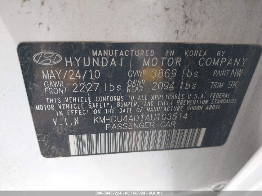 2010 Hyundai Elantra Gls VIN: KMHDU4AD1AU103514 Lot: 39437224