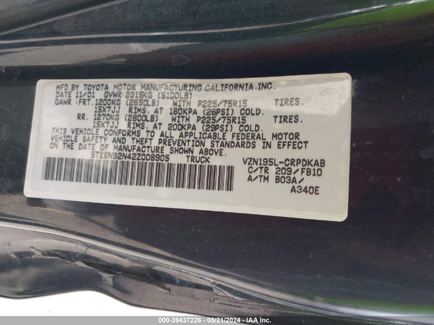 2002 Toyota Tacoma Prerunner V6 VIN: 5TESN92N42Z008905 Lot: 39437226