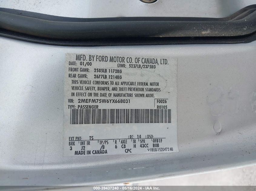 2000 Mercury Grand Marquis Ls VIN: 2MEFM75W6YX668031 Lot: 39437240