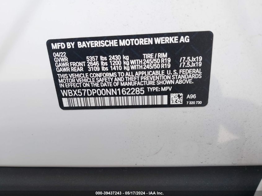 2022 BMW X3 xDrive30I VIN: WBX57DP00NN162285 Lot: 39437243
