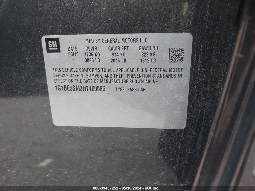2017 Chevrolet Cruze Lt Auto VIN: 1G1BE5SM3H7109586 Lot: 39437252