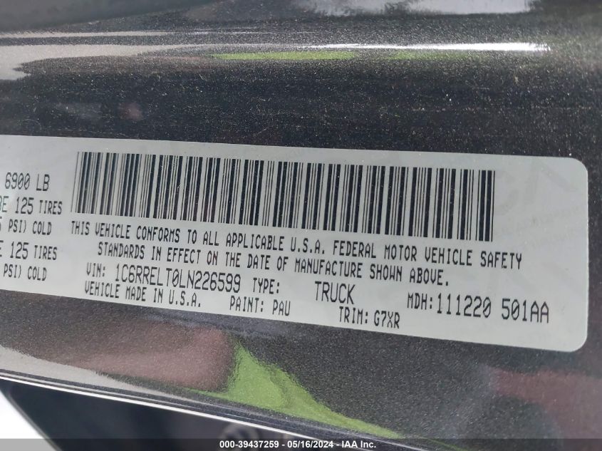 2020 Ram 1500 Rebel 4X2 5'7 Box VIN: 1C6RRELT0LN226599 Lot: 39437259