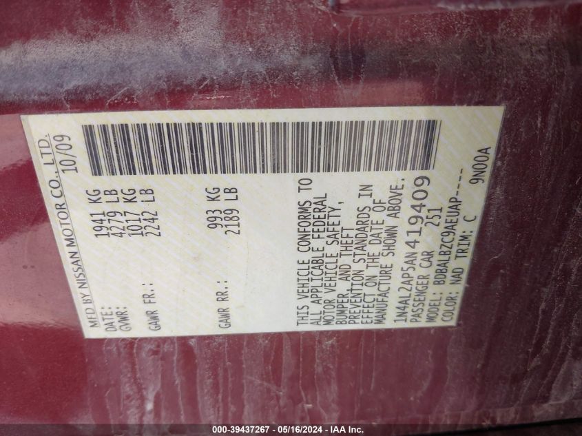 2010 Nissan Altima 2.5 S VIN: 1N4AL2AP5AN419409 Lot: 39437267