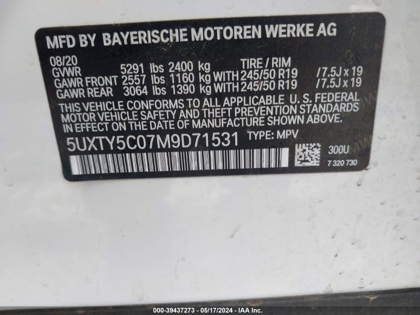 2021 BMW X3 xDrive30I VIN: 5UXTY5C07M9D71531 Lot: 39437273