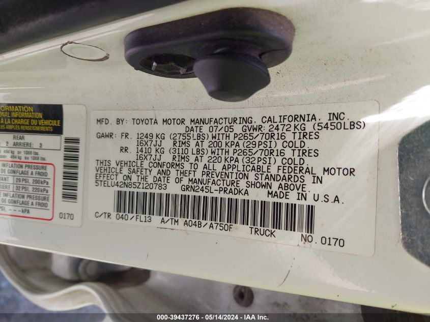 2005 Toyota Tacoma Base V6 VIN: 5TELU42N85Z120783 Lot: 39437276