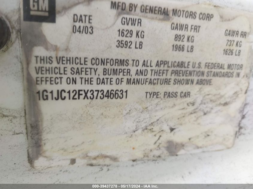 2003 Chevrolet Cavalier VIN: 1G1JC12FX37346631 Lot: 39437278