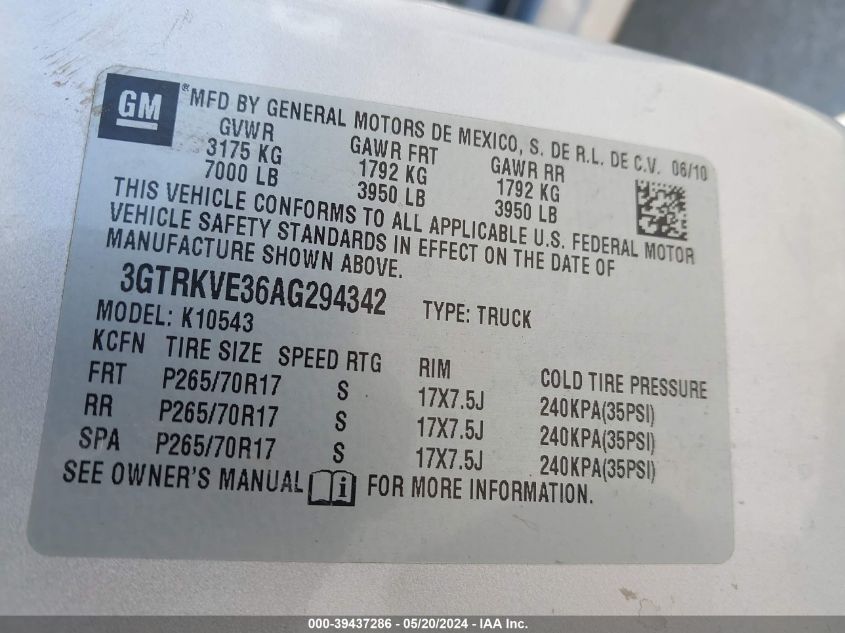 2010 GMC Sierra 1500 Sle VIN: 3GTRKVE36AG294342 Lot: 39437286