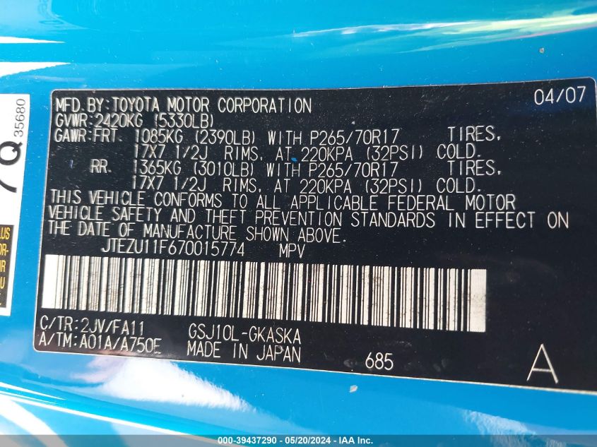2007 Toyota Fj Cruiser VIN: JTEZU11F670015774 Lot: 39437290