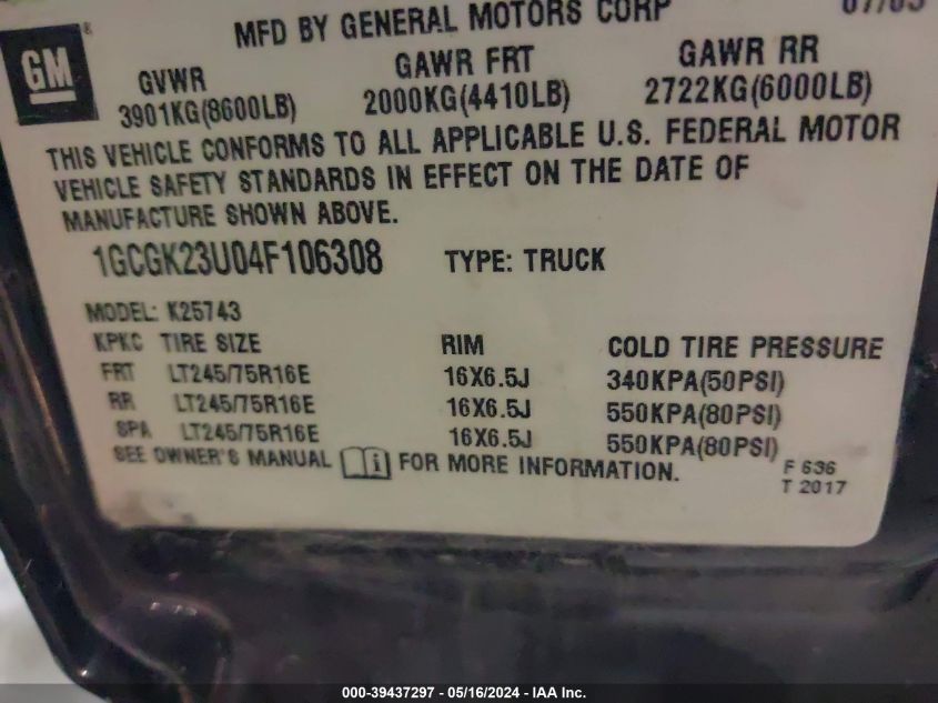 2004 Chevrolet Silverado 2500 Ls VIN: 1GCGK23U04F106308 Lot: 39437297