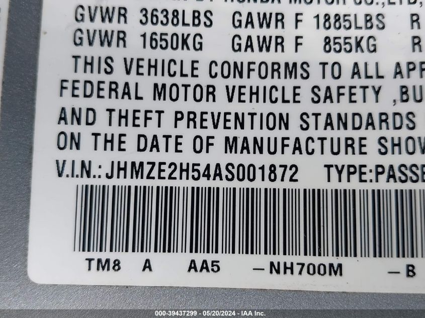 2010 Honda Insight Lx VIN: JHMZE2H54AS001872 Lot: 39437299