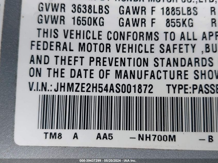 2010 Honda Insight Lx VIN: JHMZE2H54AS001872 Lot: 39437299