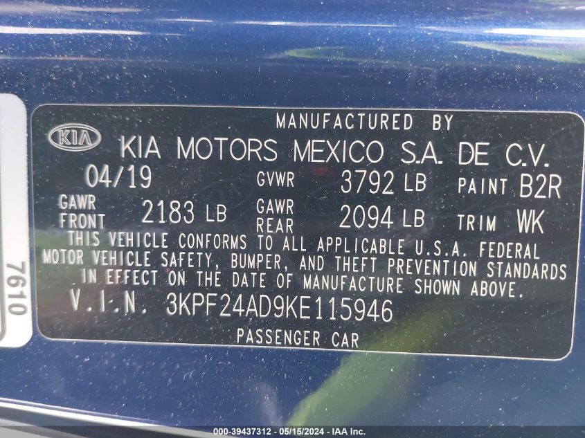 2019 Kia Forte Lxs VIN: 3KPF24AD9KE115946 Lot: 39437312