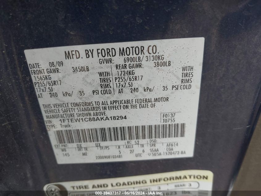 2010 Ford F-150 Fx2 Sport/Xl/Xlt VIN: 1FTEW1C88AKA18294 Lot: 39437317