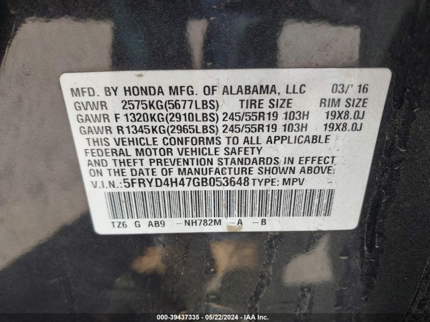 2016 Acura Mdx Technology Acurawatch Plus Packages/Technology Package VIN: 5FRYD4H47GB053648 Lot: 39437335