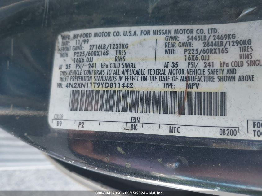 2000 Nissan Quest Gle/Gxe/Se-Cloth/Se-Leather VIN: 4N2XN11T9YD811442 Lot: 39437350