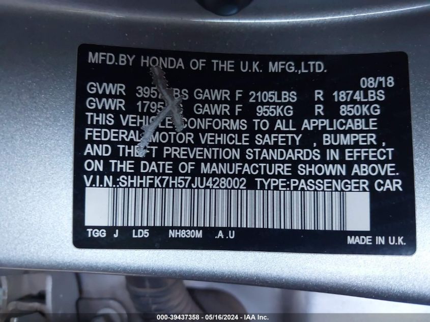 2018 Honda Civic Ex VIN: SHHFK7H57JU428002 Lot: 39437358