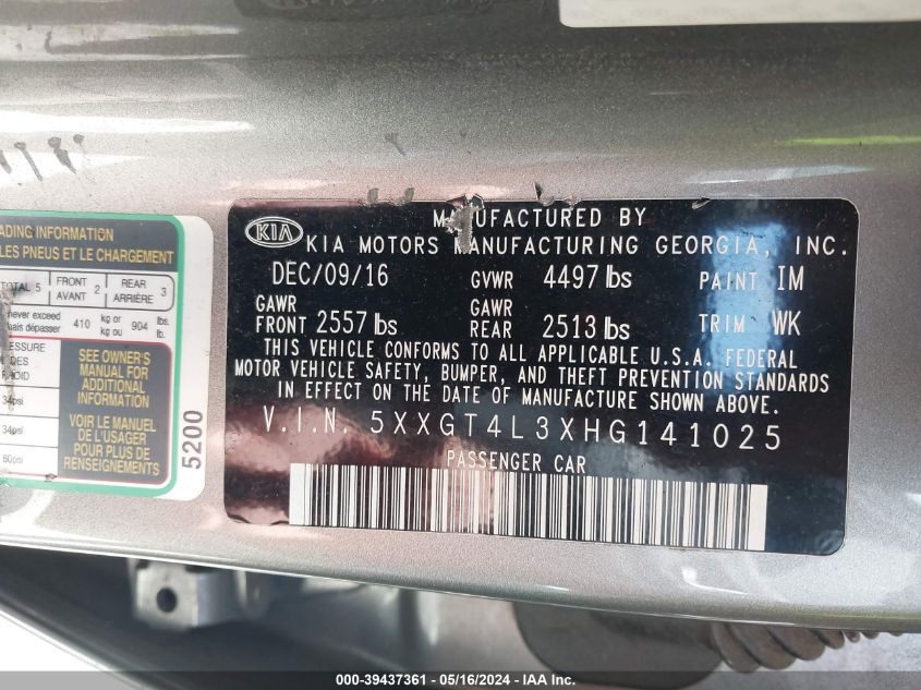 2017 Kia Optima Lx VIN: 5XXGT4L3XHG141025 Lot: 39437361