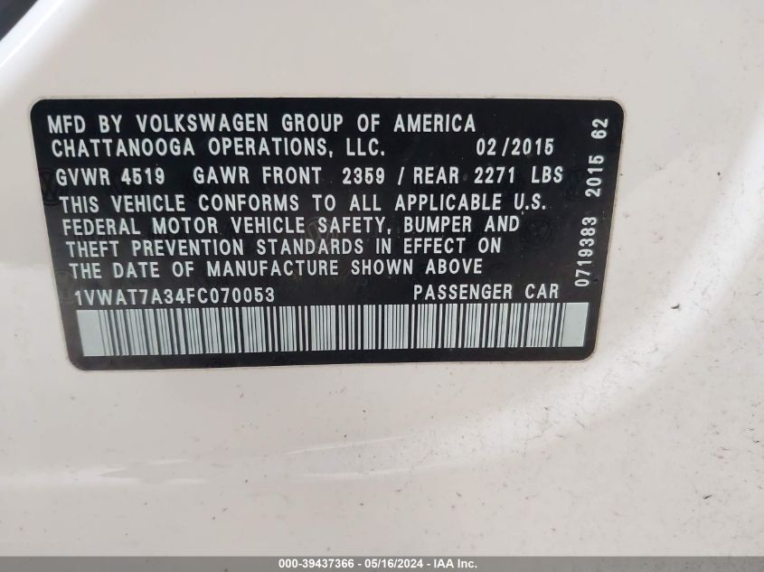 2015 Volkswagen Passat 1.8T Wolfsburg Edition VIN: 1VWAT7A34FC070053 Lot: 39437366