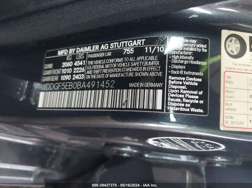 2011 Mercedes-Benz C 300 Luxury/Sport VIN: WDDGF5EB0BA491452 Lot: 39437370