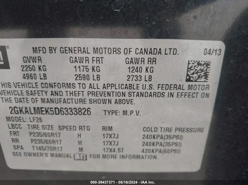 2013 GMC Terrain Sle-1 VIN: 2GKALMEK5D6333826 Lot: 39437371