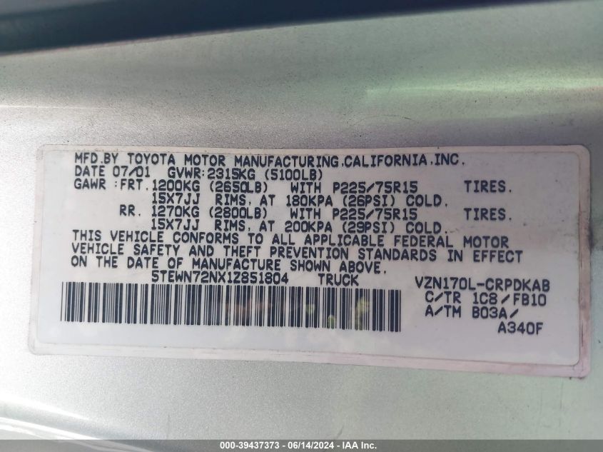 2001 Toyota Tacoma Base V6 VIN: 5TEWN72NX1Z851804 Lot: 39437373