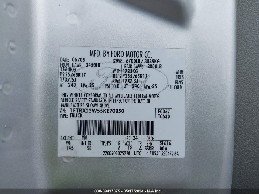 2005 Ford F-150 Stx/Xlt VIN: 1FTRX02W55KE70850 Lot: 39437375