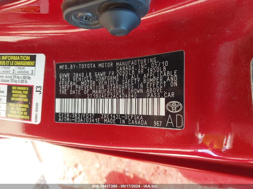 2010 Toyota Corolla S VIN: 2T1BU4EE2AC404840 Lot: 39437380